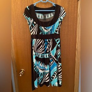 Turquoise and Dark Brown Tie-back A-line Dress. 38” long.